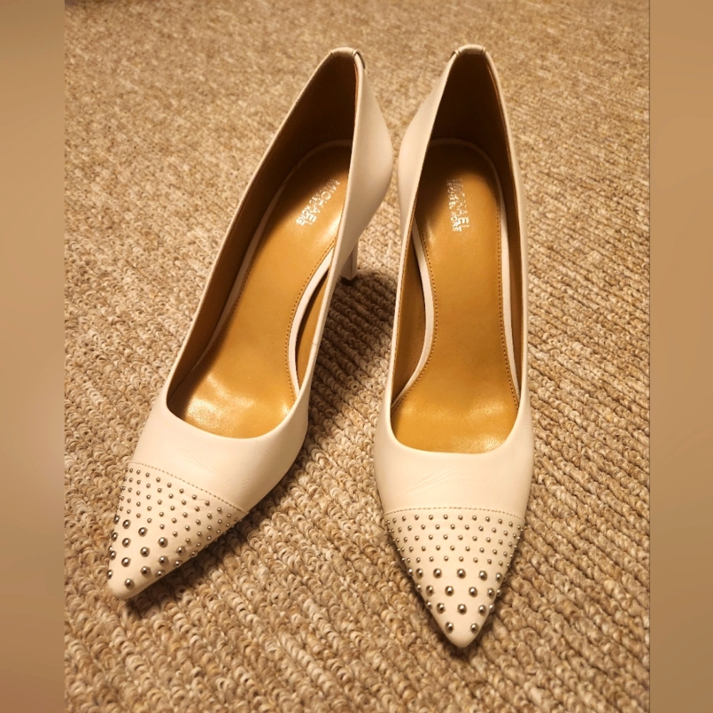 White heels with silver accent beads